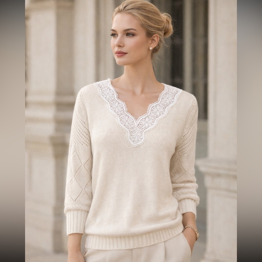 New! Made with Love Elegant Cream V-Neck Sweater 51442